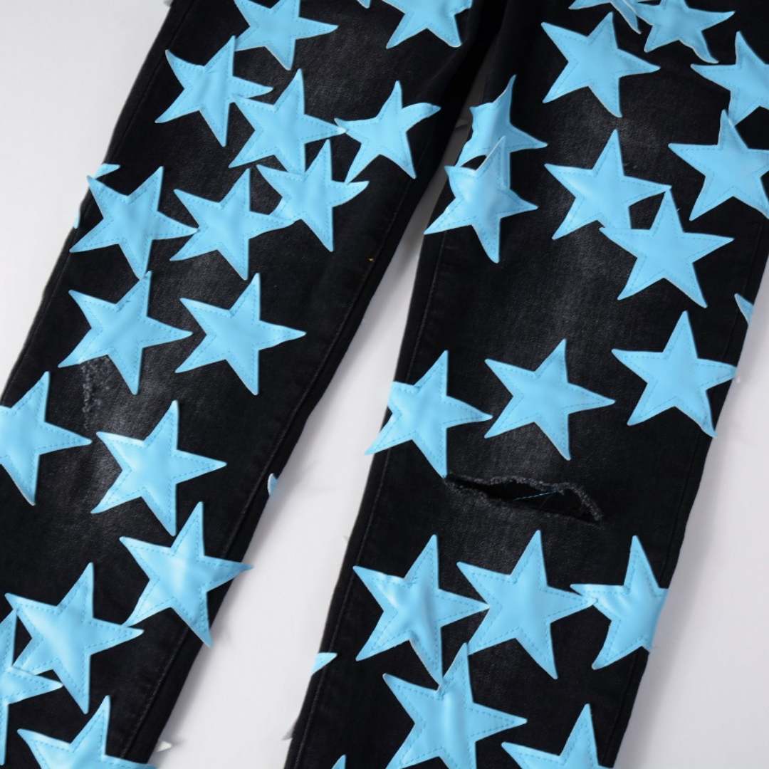 Amiri Slim Fit Designer Jeans für Herren mit Blauen Sternen Patches