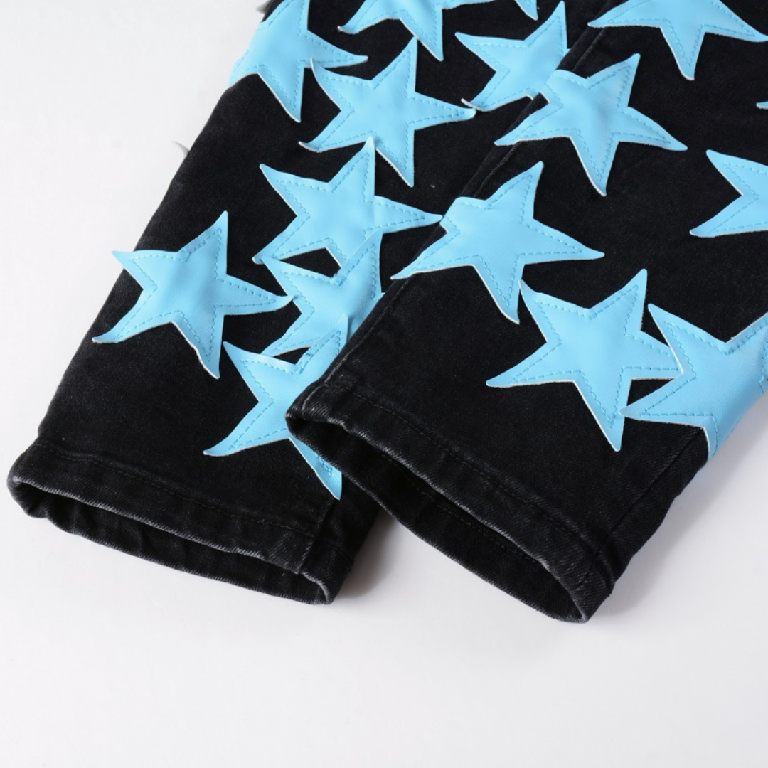 Amiri Slim Fit Designer Jeans für Herren mit Blauen Sternen Patches