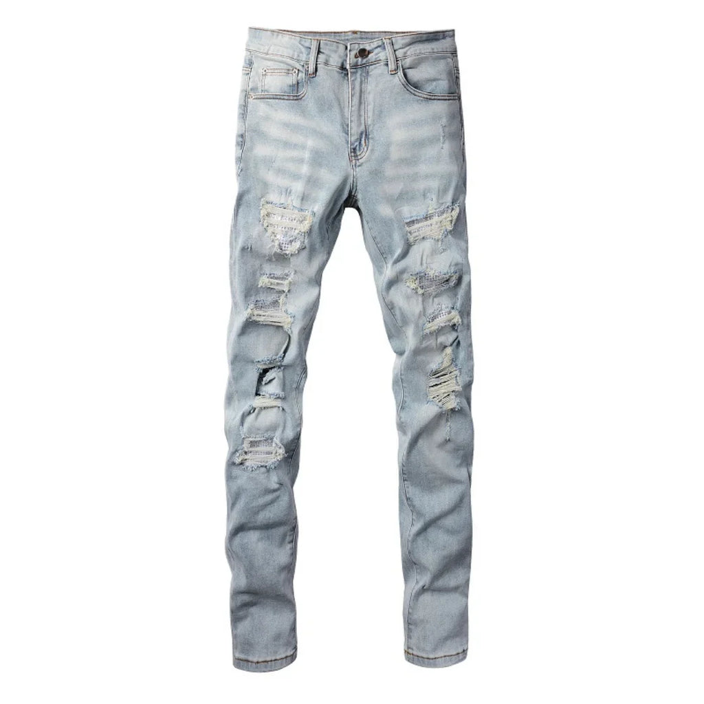 Amiri Hellblaue Patchwork Jeans für Herren – Distressed Luxus Slim Fit Denim