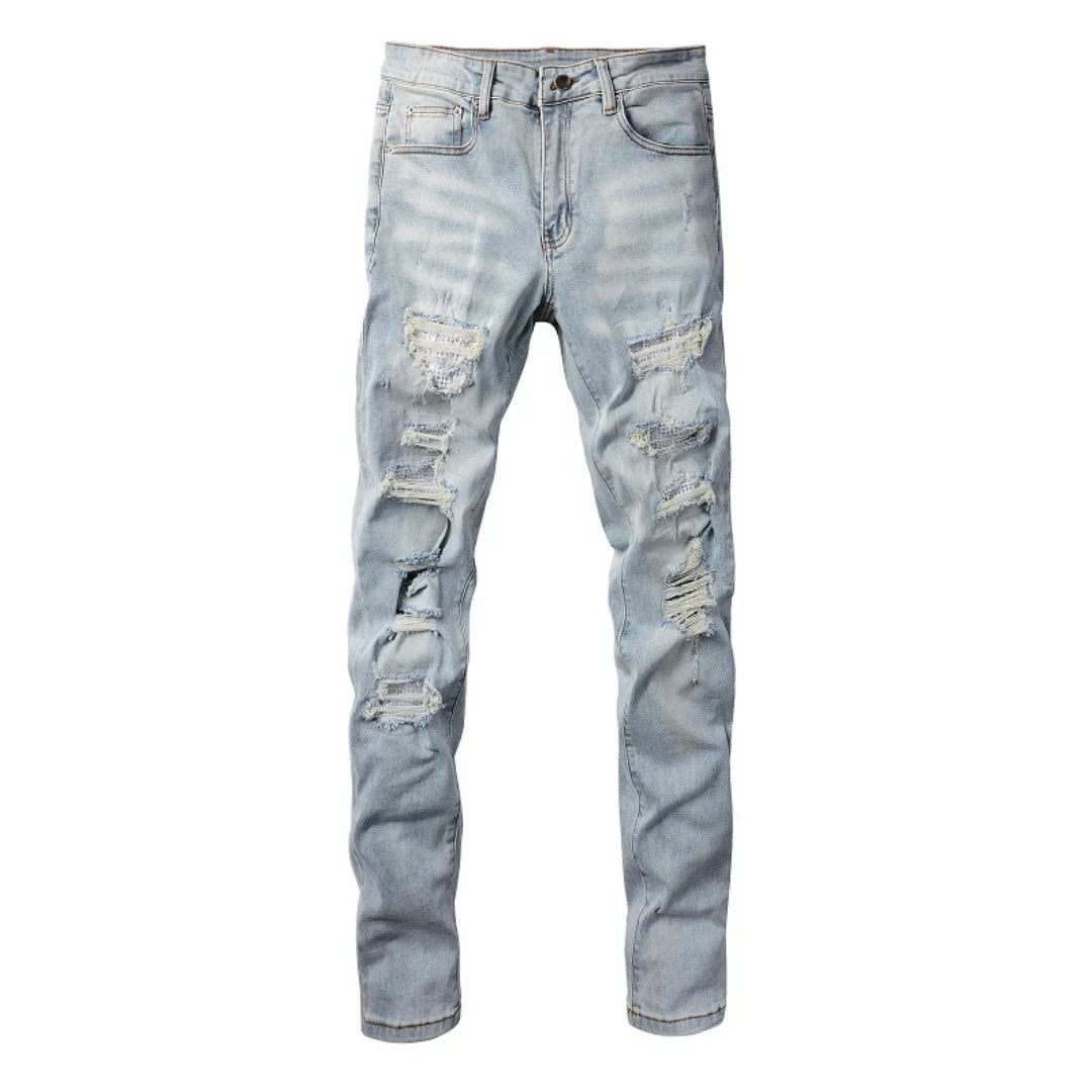 Amiri Hellblaue Patchwork Jeans für Herren – Distressed Luxus Slim Fit Denim