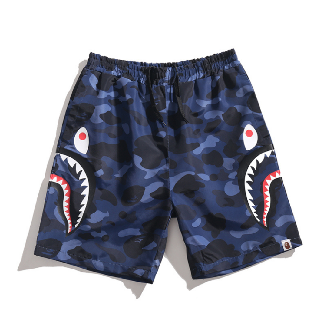 BAPE Streetwear Shorts Tarnmuster Hai-Design Baumwolle Bequeme Freizeitshorts Herren Damen