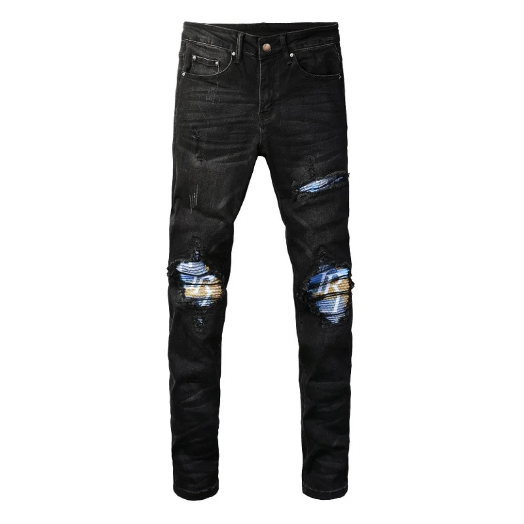 Amiri Schwarze Patch Logo Jeans Herren Designer Denim Hose Stretch Luxus Stil
