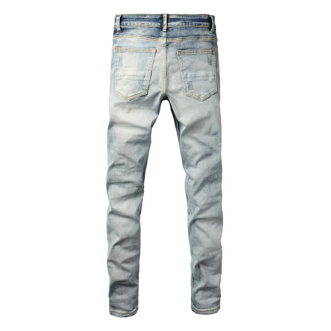 Amiri Blaue Patch Jeans Luxus Designer Denim Slim Fit Destroyed Look