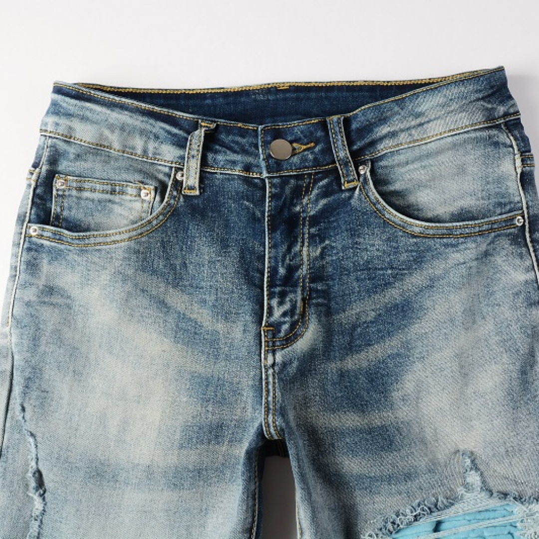 Amiri Blaue Patch Jeans Luxus Designer Denim Slim Fit Destroyed Look