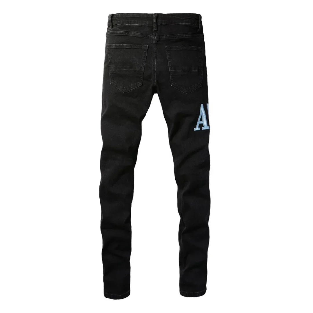 Amiri Herren Blaue Patch Jeans: Luxuriöse Denim Streetwear mit Stil