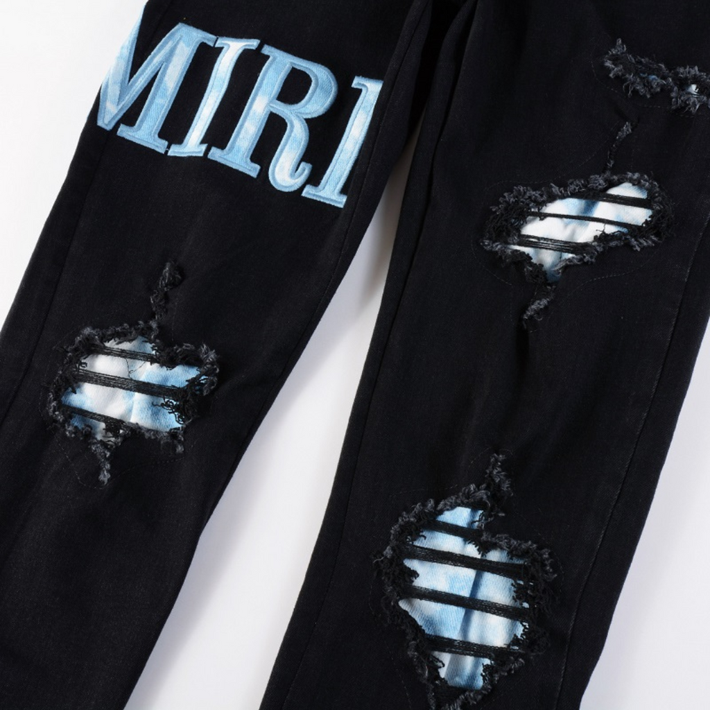 Amiri Herren Blaue Patch Jeans: Luxuriöse Denim Streetwear mit Stil