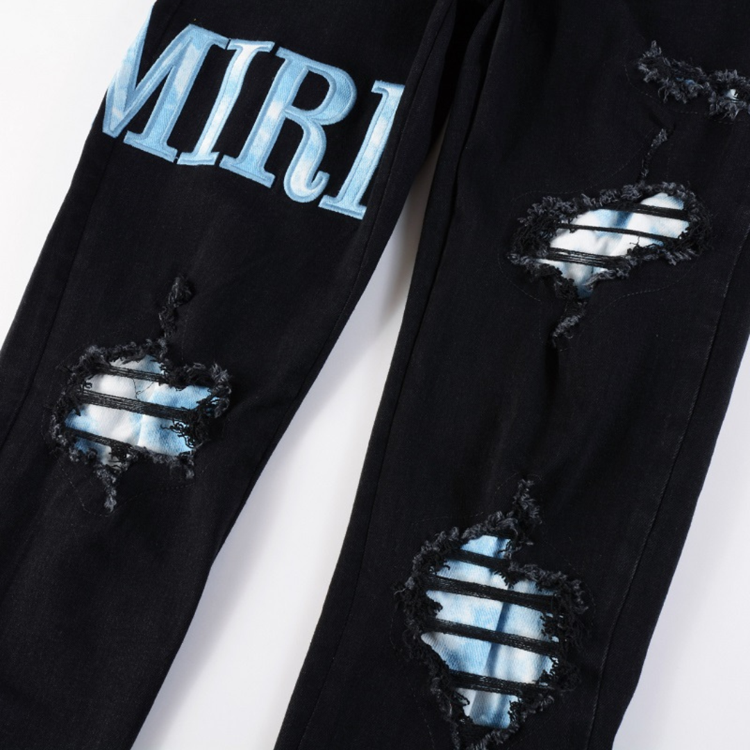 Amiri Herren Blaue Patch Jeans: Luxuriöse Denim Streetwear mit Stil
