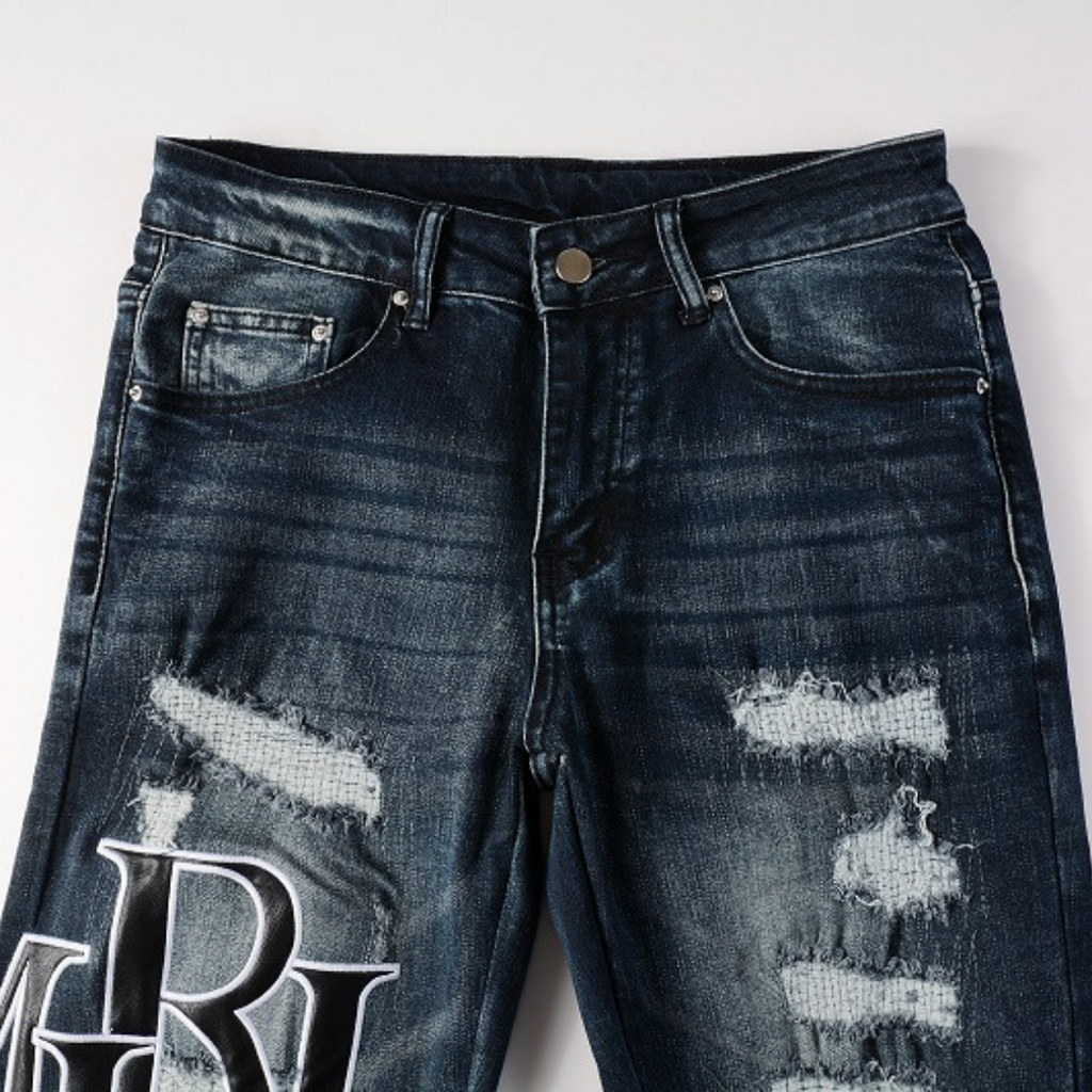 Exklusive Amiri Schwarze Logo Patch Slim Fit Jeans – Herren Designer Stretch Denim