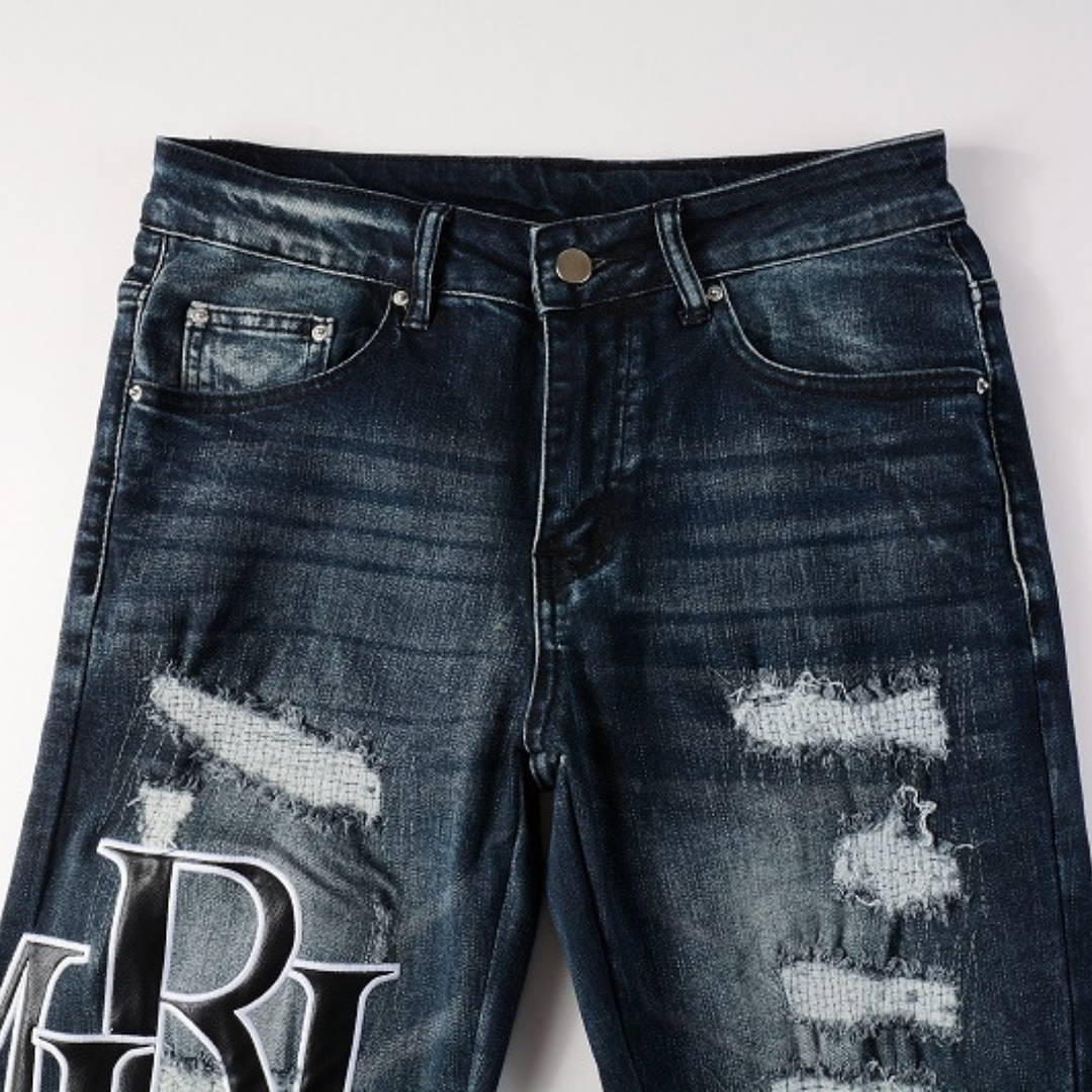 Exklusive Amiri Schwarze Logo Patch Slim Fit Jeans – Herren Designer Stretch Denim