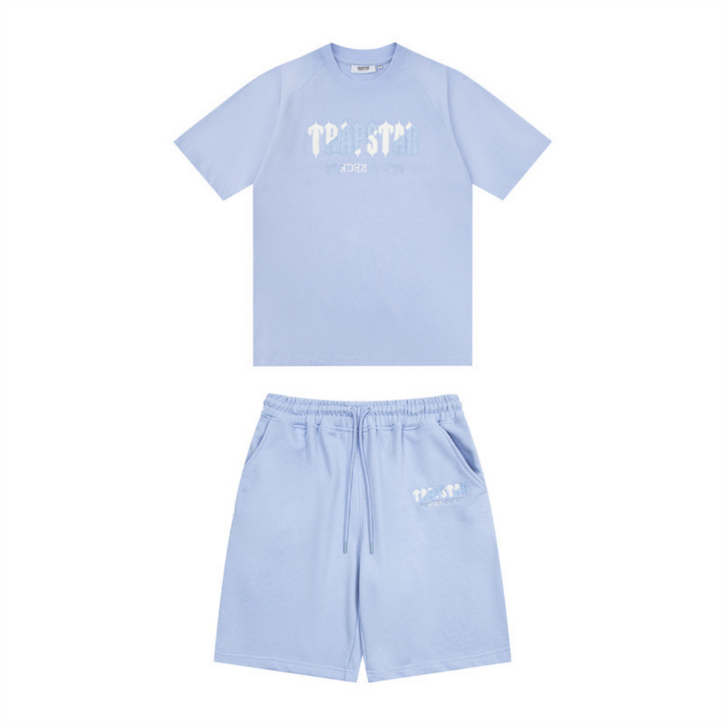 Trapstar Decoded Chenille Blaues Kurzarm-Set Sportlich Bequem Freizeit-Outfit Sommer